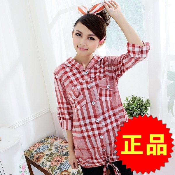 New Sale Maternity clothing sweet check sleeves roll two ways maternity top t-shirt 1a295