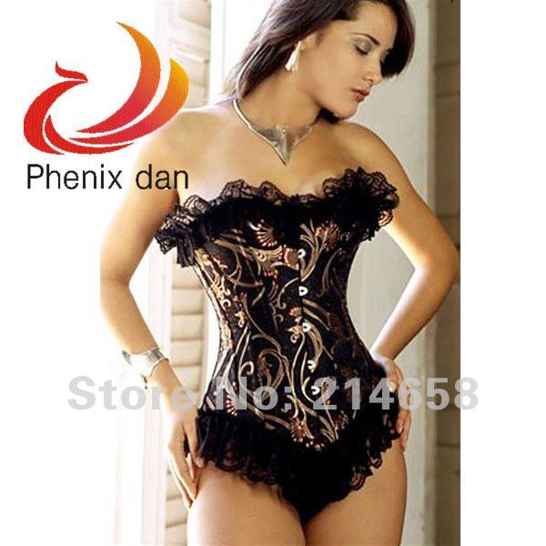 New Sexy Black&Gold Women's Lingerie Satin Floral Brocade Lace Corset Bustier&Thong