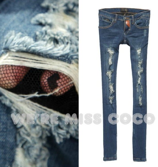 New Sexy Black Lace Grenadine Distressed Leather Joint Low Rise Skinny Jeans for Ladies Women