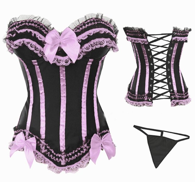 New sexy black with pink strip lace up  boned corset busiter clubwear with G-string S-2XL