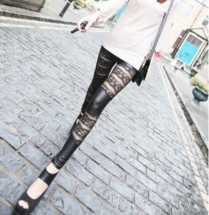 New Sexy Bud silk imitation leather bar double spell nine points backing Women's Leggings