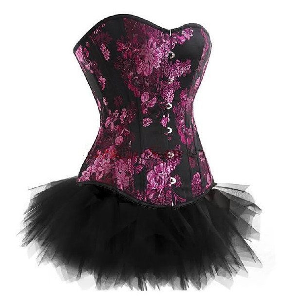 New Sexy Lace Up Purple Floral Corset Lingerie with Mini TuTu Skirt G-string