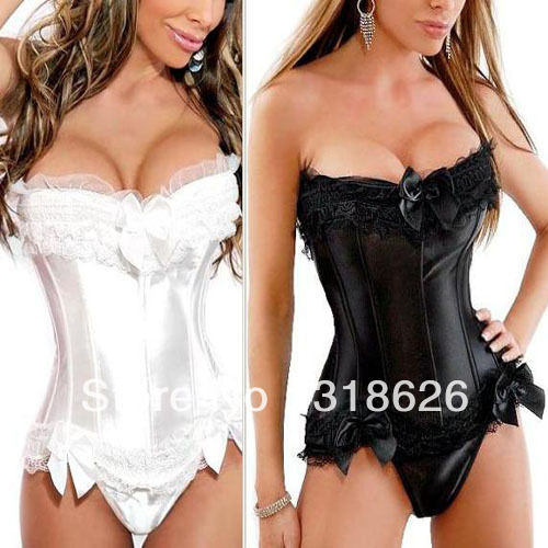 New Sexy Lace up Satin Lingerie body shaper Corset  Bustier G-string Black White Full Size Free Shipping!