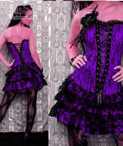 New Sexy Lingerie Lace Up Corsets Boned Corset & Bustier Satin Dress + Thong Purp y7y9