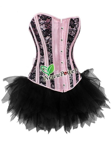 New Sexy Pink Corset Black lace Overlay Bustier Top Lingerie W/ G-String Thong  S M  L XL 2XL