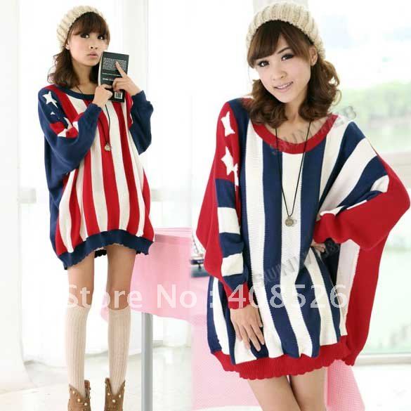 New Sexy Women's American flag Sweater Batwing Sleeve Jumper Loose Stripe Knitwear Red/Blue free shipping 7711