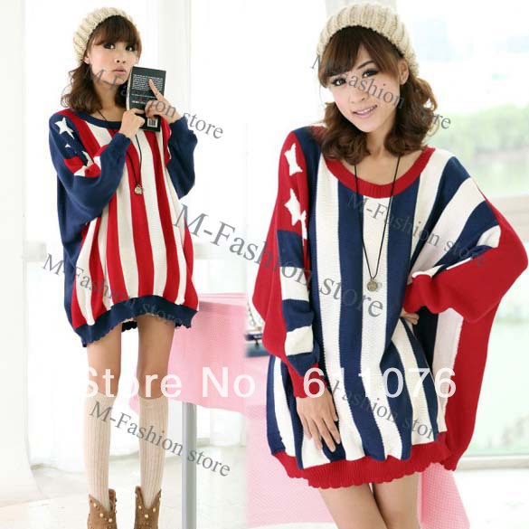 New Sexy Women's American flag Sweater Batwing Sleeve Jumper Loose Stripe Knitwear Red/Blue free shipping 7711