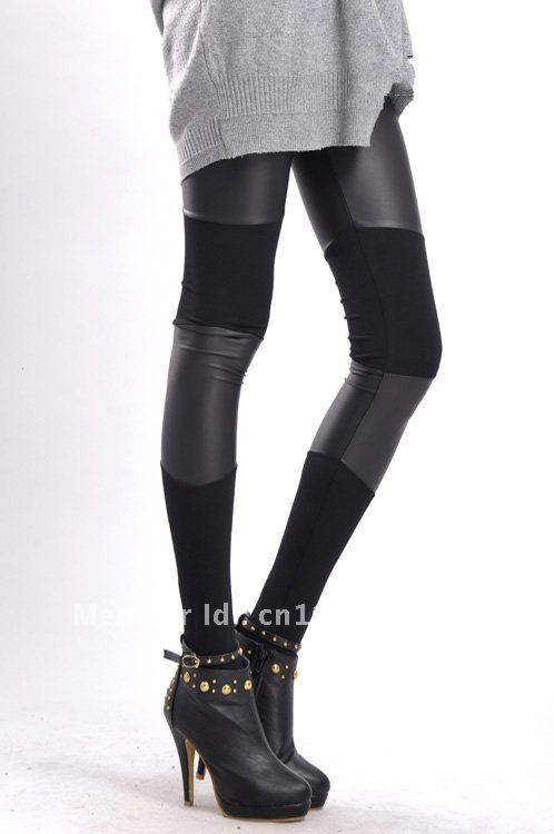 New Sexy Womens Stretch Faux Leather Leggings Splicing Combination Leggings Black