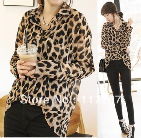 New Sexy Womens Wild Leopard Chiffon Top Loose Shirt Sheer Blouse Free Shipping  650952