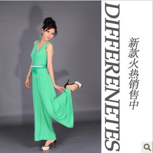 New significant thin high-grade green chiffon wide leg pants jumpsuit