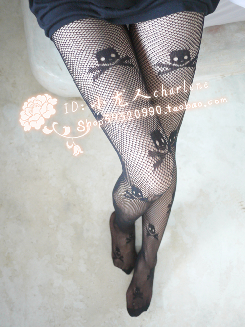 New!skull pattern jacquard fishnet stockings trend vintage lace Net sock stocks Tights sexy Pantyhose free shipping 1pair 305