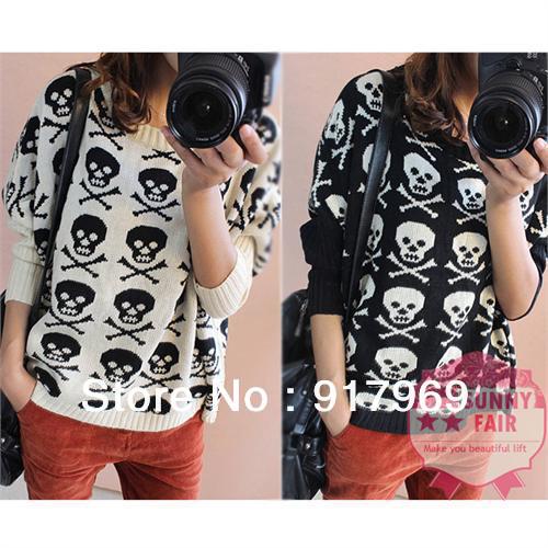 New Skull Printing Loose Soft Comfy Round Neck Bat-wing Sleeve Asym Hem Cardigan Blouse