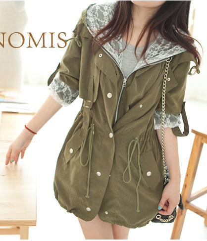 New spring and autumn beautiful lace drawstring trench tooling back placketing trench female outerwear