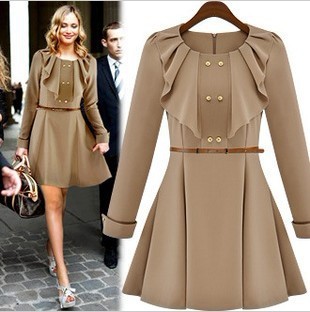 New! Spring And Autumn Round Neck Waist Slim Waist Cotton Long-Sleeve Chest Ruffle Pure Color Dress (with belt) 8105