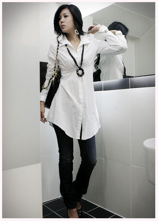 New Spring and Autumn Slim long section of the stand-up collar long-sleeved white shirt buttons black