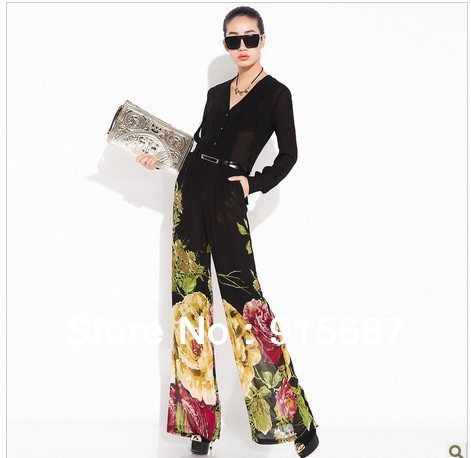 New Spring and autumn style Fashion new chiffon printed v-neck piece pants wide leg pants culottes for ladieswide leg pants