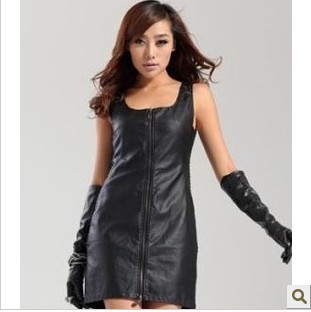 New spring even women PU motorcycle vest black garment leather skirt for fall/winter wild sleeveless dress