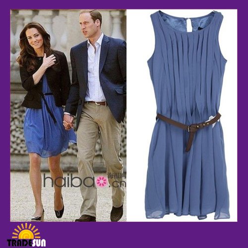 New Spring Princess Style Kate Middleton Sleeveless Ruffled Blue Chiffon Dress HOT SALE 2012 summer dress