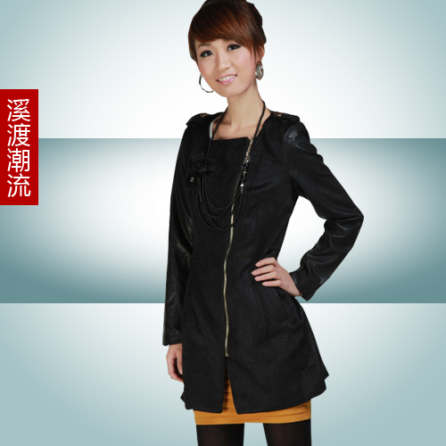 New spring women's zipper PU long design trench epaulette motorcycle jacket leather clothing female