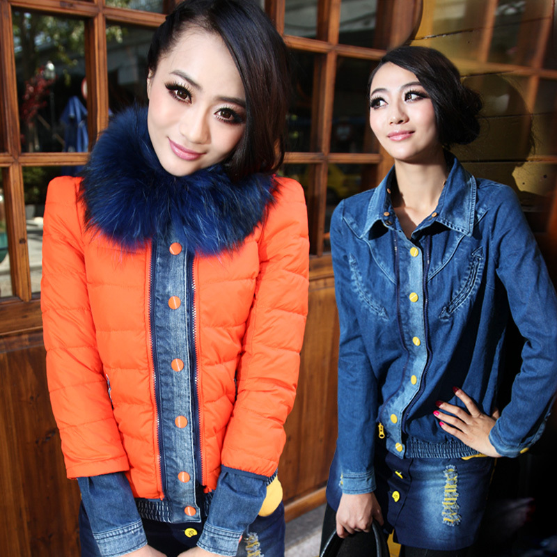 New style 2013 winter thickening women down coat   denim twinset multicolour raccoon fur    High-quality Fashion down jacket