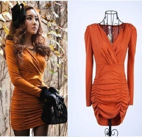 New style Autumn Sexy&Club Crossover V-neck Sheath Folds hips package Slim women dress free shipping LJ104