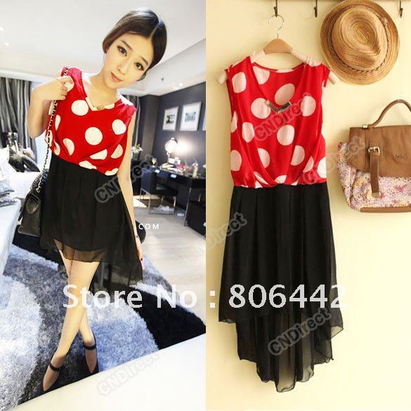 New Style Korea Women's Dot Pattern Sleeveless Chiffon Asymmetric Mini Dress Free Shipping