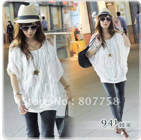 New style korean fashion women's T-shirt,of shoulder wave batwing tops 2 colors,free shipping,hot sale