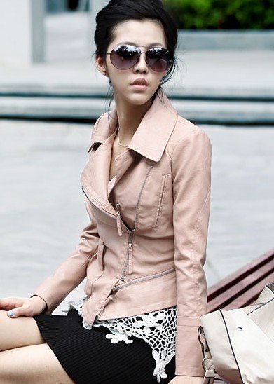 New Style Sexy Womens Korea Ladies leather Jacket Pink Coat Outerwear Fur Clothing (Drop Shipping) 1102E