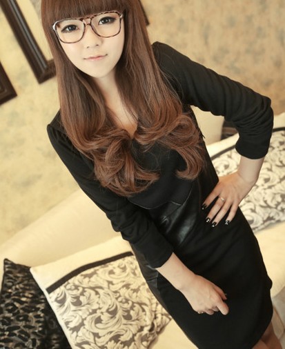 New Style Woman Black Leather Fashion Long Sleeve Dress Sexy Clothes For Lady LZW-6715 Free Shipping