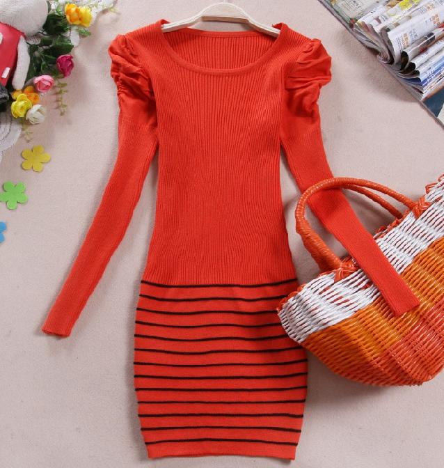 New style women's sweet puff sleeve stripe over hip sweater lady cute long slim underwear knitwear 81113