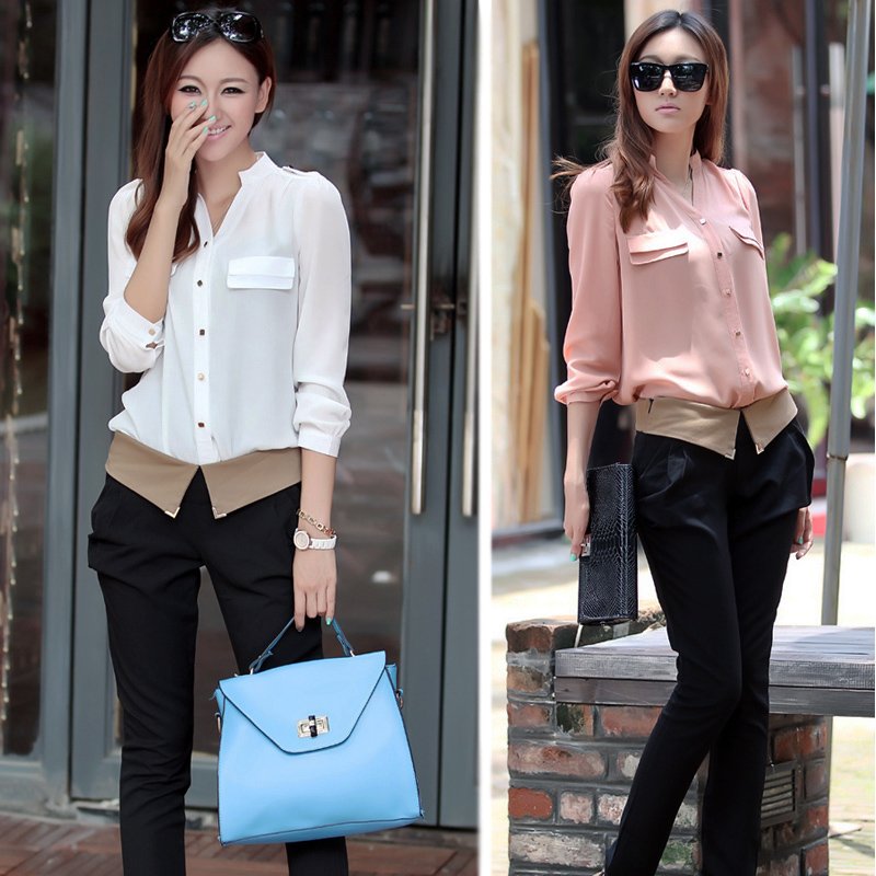 New Stylish Women's Shirt Chiffon Blouse Tops Lady OL Long Sleeve Slim White / Pink ,Free Shipping Dropshipping