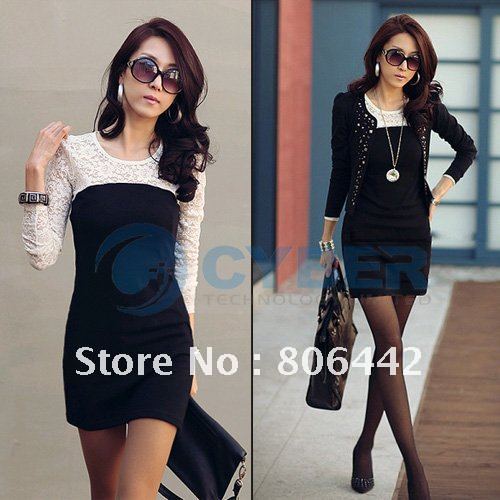 New Summer Ladies' Sexy Simple Lace Patchwork Mini Dress Black/ White Free Shipping