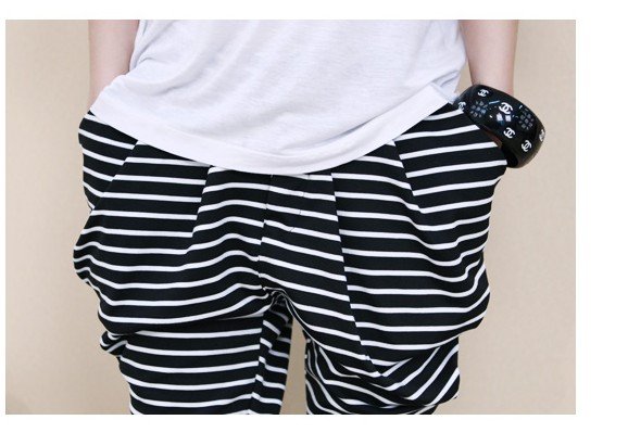 New tide female fashion leisure in black and white stripe trousers two colors into the waist haroun