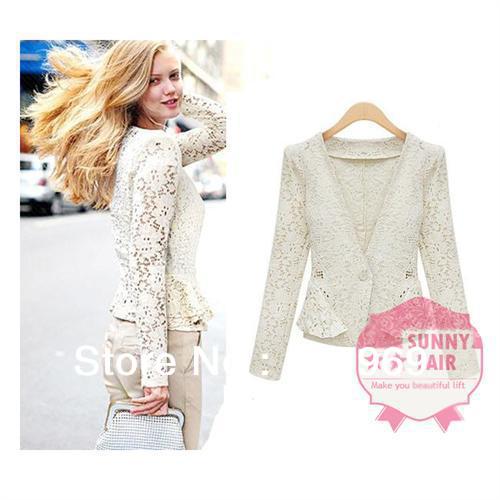 New Up Shoulder Pretty Lovely Lace Floral Hollow Out Mock Pocket Short Suit Coat