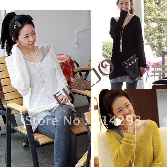 New V-neck Oversized Batwing Slouchy Knitted Sweater Women's Loose Sweater Pullover Free Shipping 7136