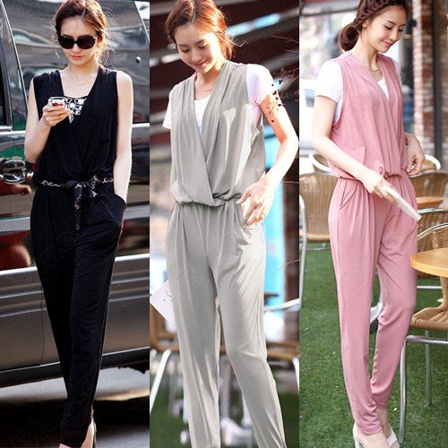 New V Neck To Waist Slim Siamese Haren Pants Trousers & Jumpsuit With Belt One-Pieces