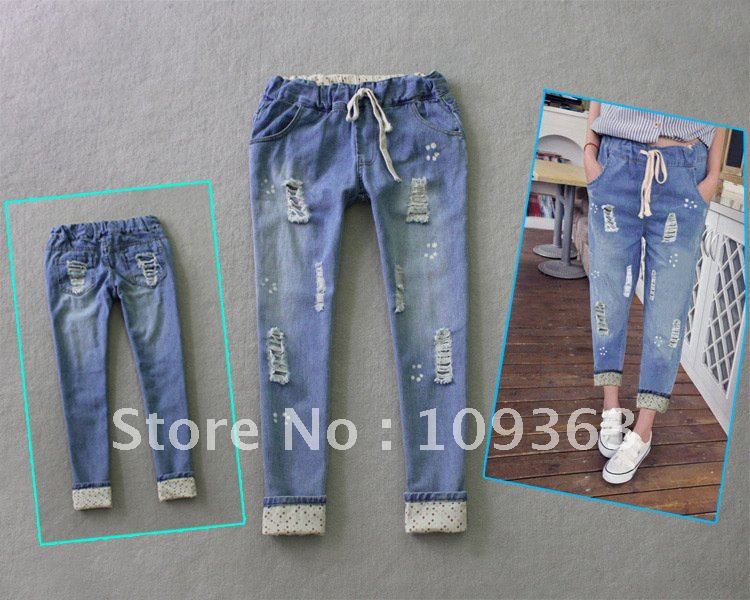 New Vintage Wash Ladies' Denim Jeans,Plus Size Loose Hole Fashion Beggar Jeans,Casual Denim Harem Pants,Free shipping QQ8048