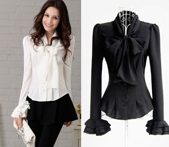 New White Black Bowknot OL Career Women Shirt bow Shirts Tops Blouse