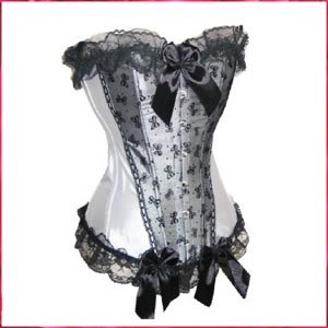 NEW White Satin Lace up Sexy Corset lingerie G-string flower on front free size free shipping A1260