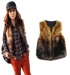 New winter Women retro Gradient Color Patchwork Leather Short FAUX Fur Vest 7901