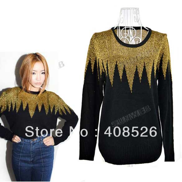 New Woman Gold Thread Splicing Tops Knitting wool Sweater Vintage Style free shipping 8433