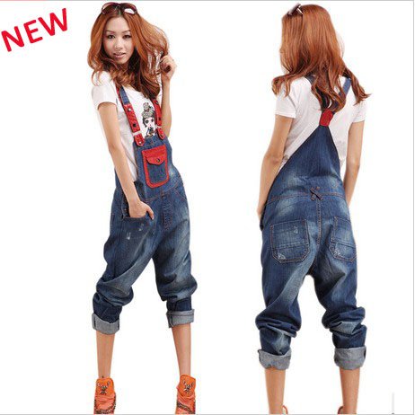 New women  bib pants female loose  casual harem pants female  denim suspender trousers plus size L  XL