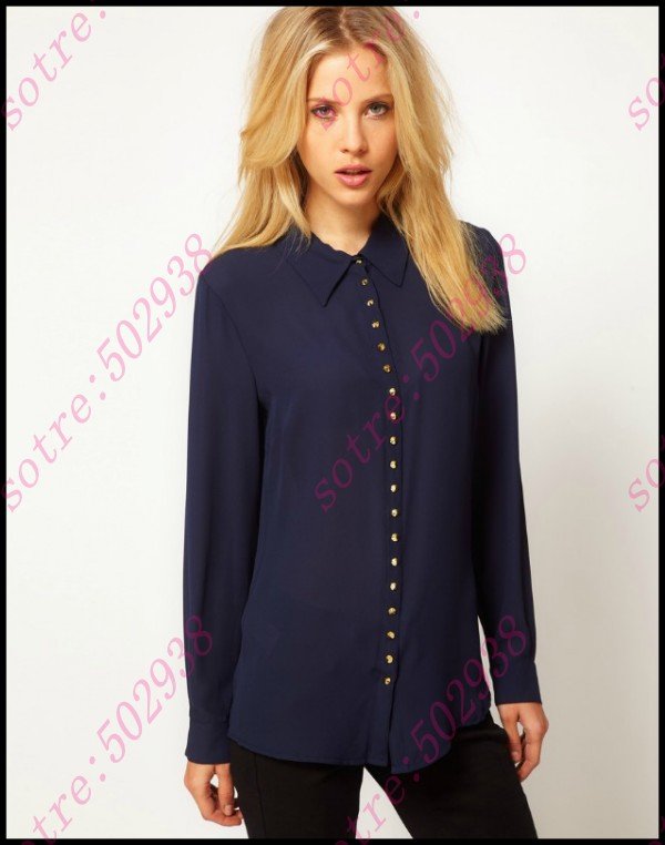 New Women Blouse Chiffon Solid Color Studs and Spikes Long Sleeve Shirt Freeshipping