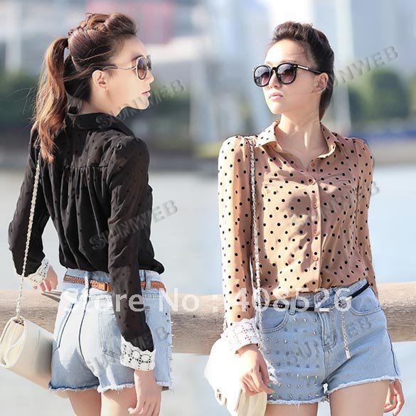 New Women Career Charming Dots Chiffon Blouse Long Sleeve Shirt Black/ Dark Pink  free shipping 7658