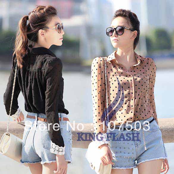 New Women Career Charming Dots Chiffon Blouse Long Sleeve Shirt Black/ Dark Pink free shipping 7658