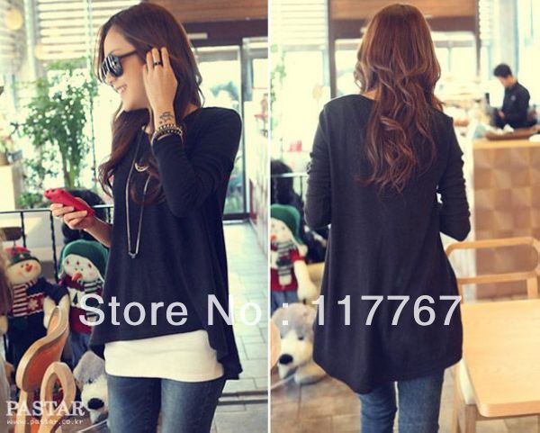 New Women Casual Black Loose Asymmetric Hem Long Sleeve Tunic T-shirt Tops Free Shipping  650923