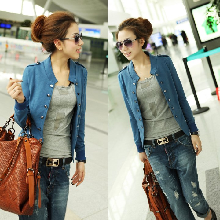 New Women Double Breasted Long Sleeves Jacket Navy Epaulet Cotton Coat Blue HR399L