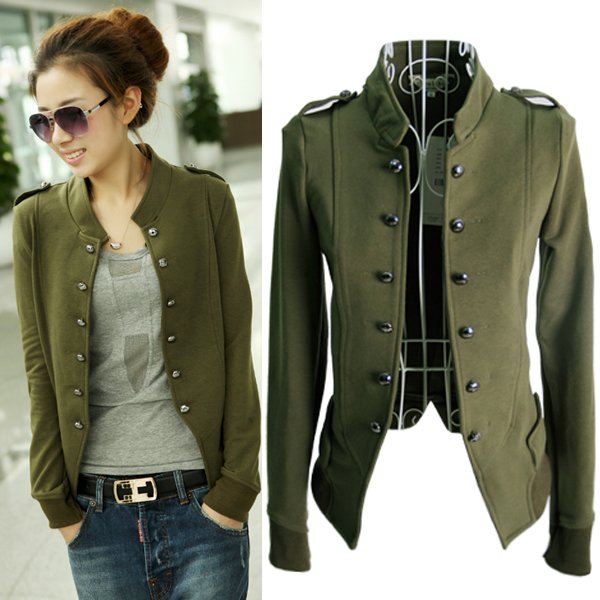 New Women Double Breasted Long Sleeves Jacket Navy Epaulet Cotton Coat Size S M L Green HR399G