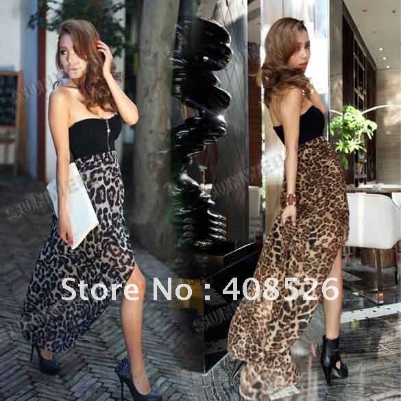 New Women Evening Sexy Chiffon Bustier Maxi Dress Leopard Pattern free shipping 3618