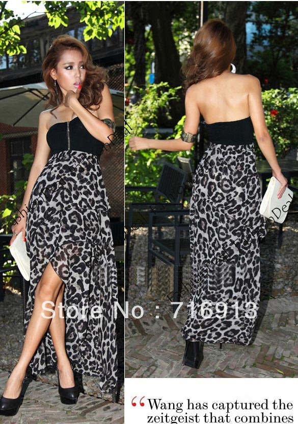 New Women Evening Sexy Chiffon Bustier Maxi Dress Leopard Pattern free shipping 3618